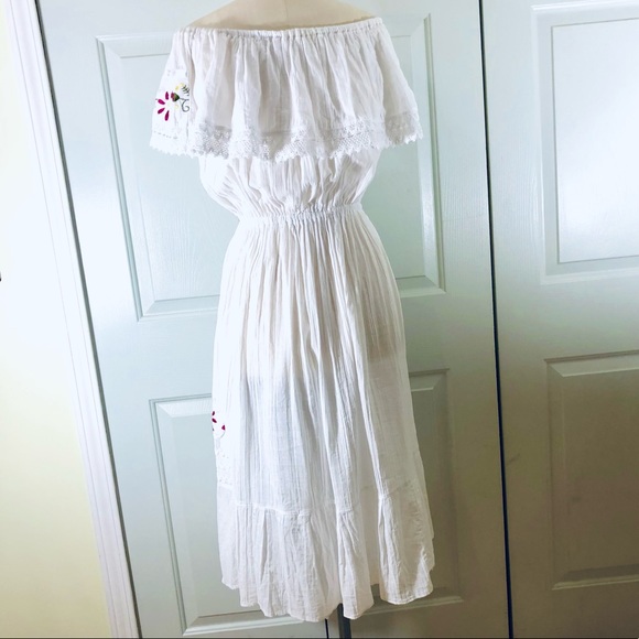Mexican Off Shoulder Dress Floral Embroidered Lace Gauzy Cotton Size L - Picture 9 of 15